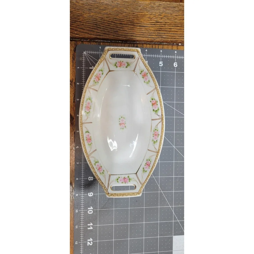 Nippon Hand Painted Art Porcelain Floral Gold Trim Oval Serving Bowl w/ Handles